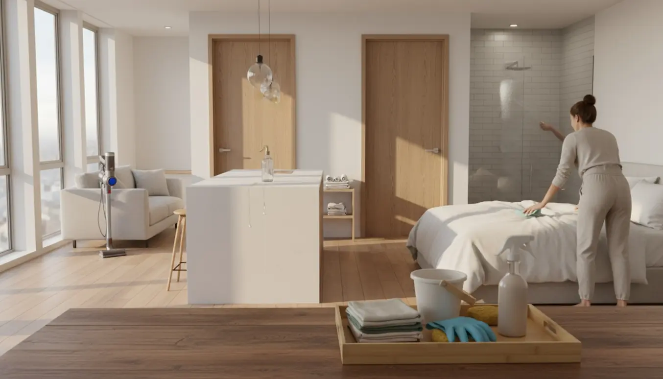 Lys lejlighed hvor rengøring foregår i køkken, stue, soveværelse og to badeværelser.