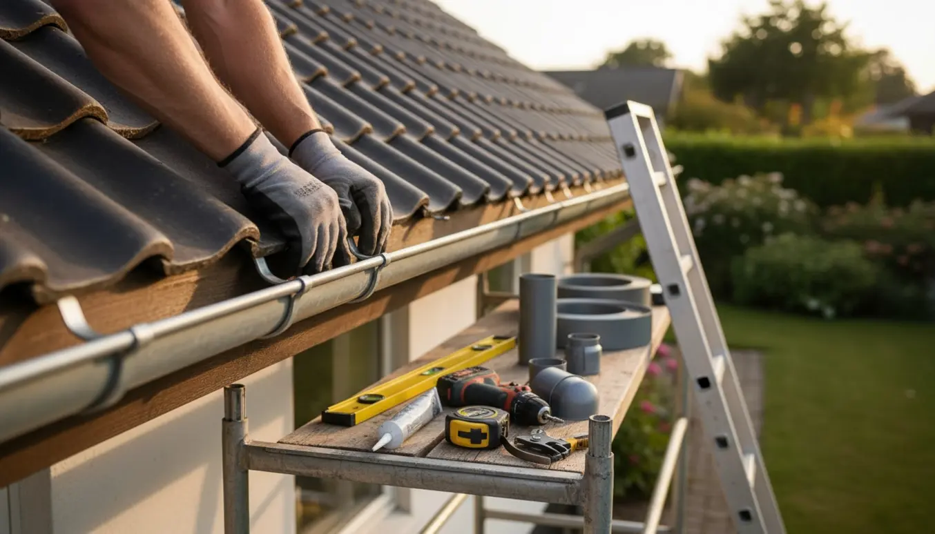 Håndværker monterer zinktagrende på et ét-plans Paracel-hus med rendejern og værktøj i fokus.