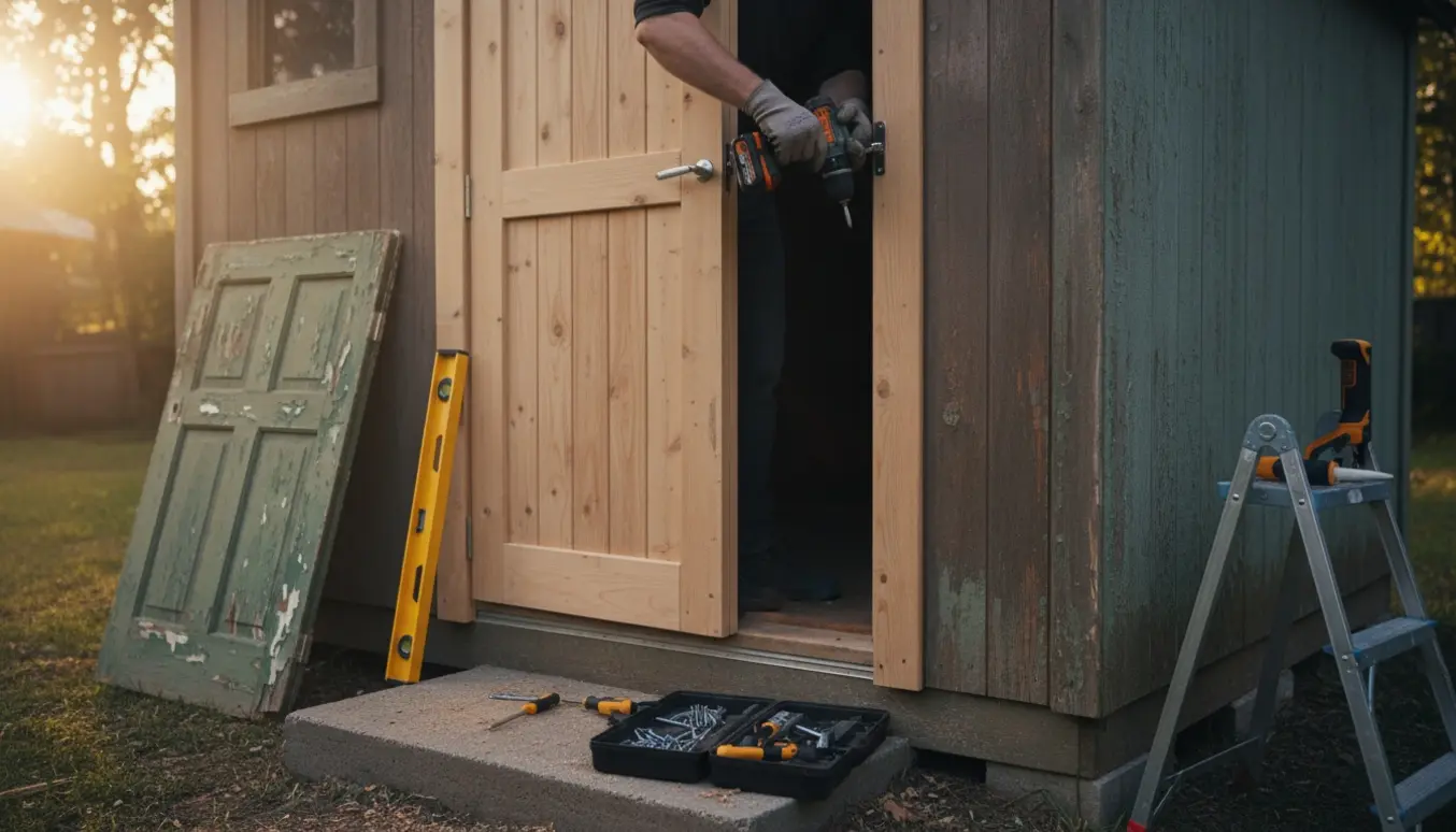 Ny udvendig skurdør monteres ved et skur med værktøj og den gamle beskadigede dør ved siden af.