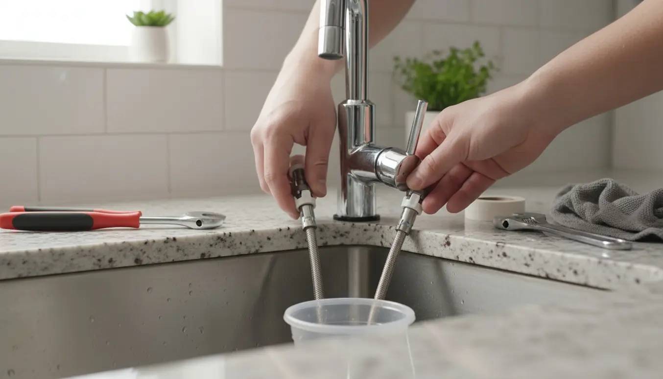 Nærbillede af hænder, der installerer et nyt køkkenarmatur med quick-connect fittings i en lys, moderne køkkenvask.
