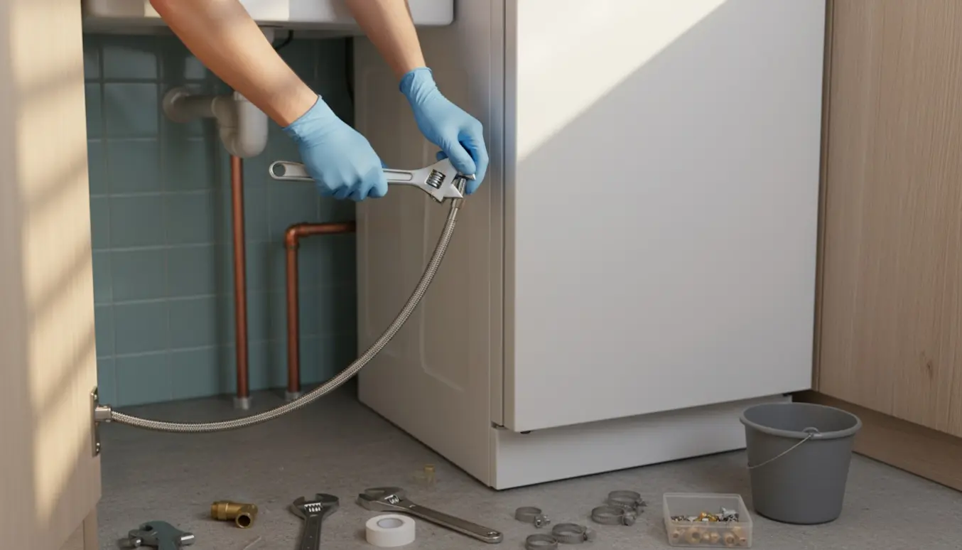 Hænder forbinder en flettet rustfri stålvandtilførselsslange til en krom vandventil i et åbent køkkenskab under installation af en opvaskemaskine.