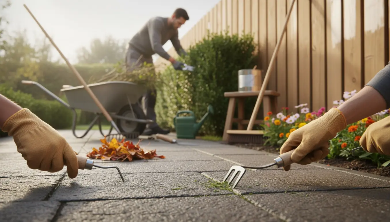 Havepasser uden ansigt luger bede, renser mellem fliser, river blade sammen og maler et hegn i en privat have.