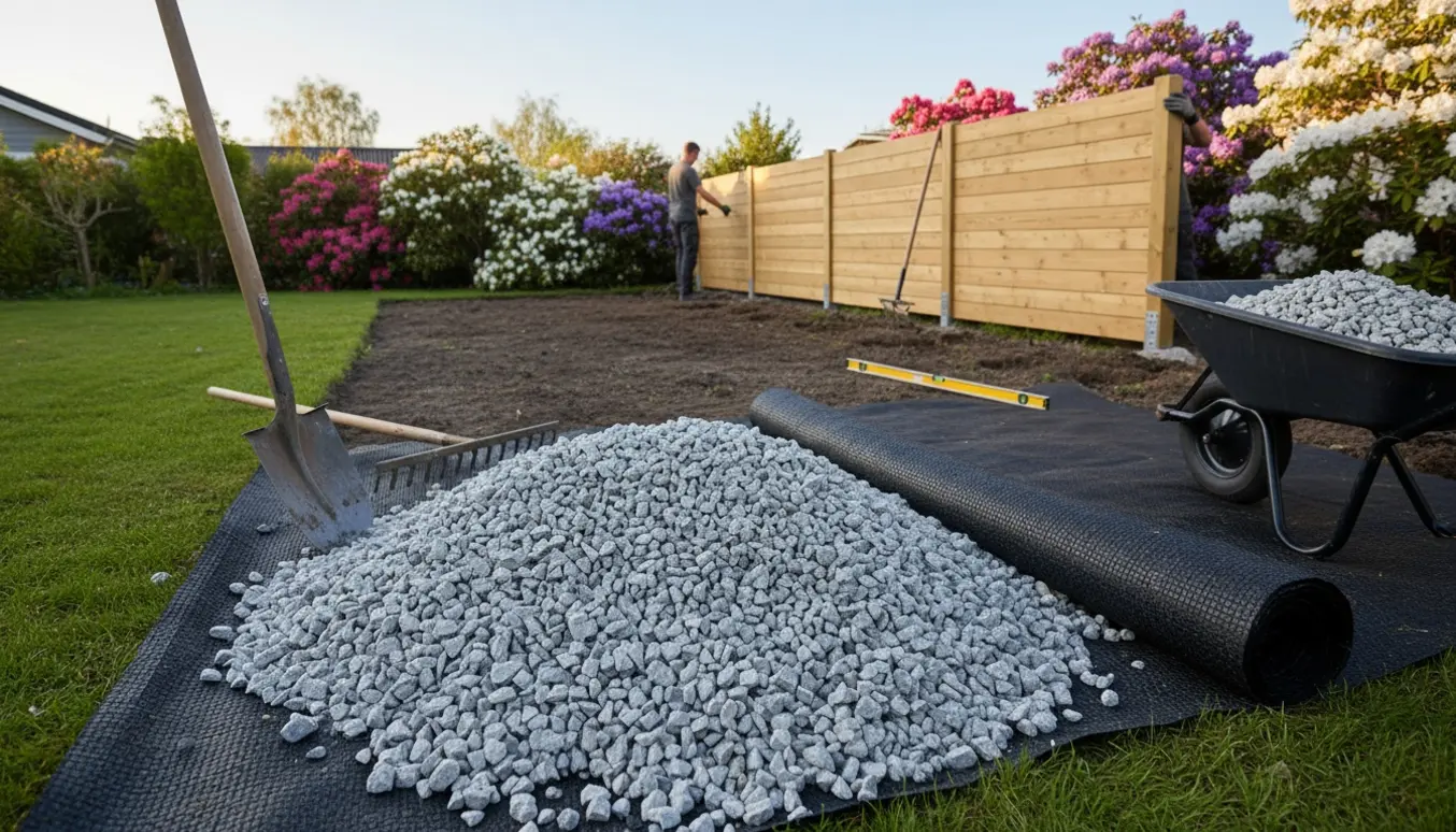 Forhave i forårslys med bunke af granitskærver, udrullet ukrudtsdug og Frøslev-hegn under opsætning, uden synlige ansigter.