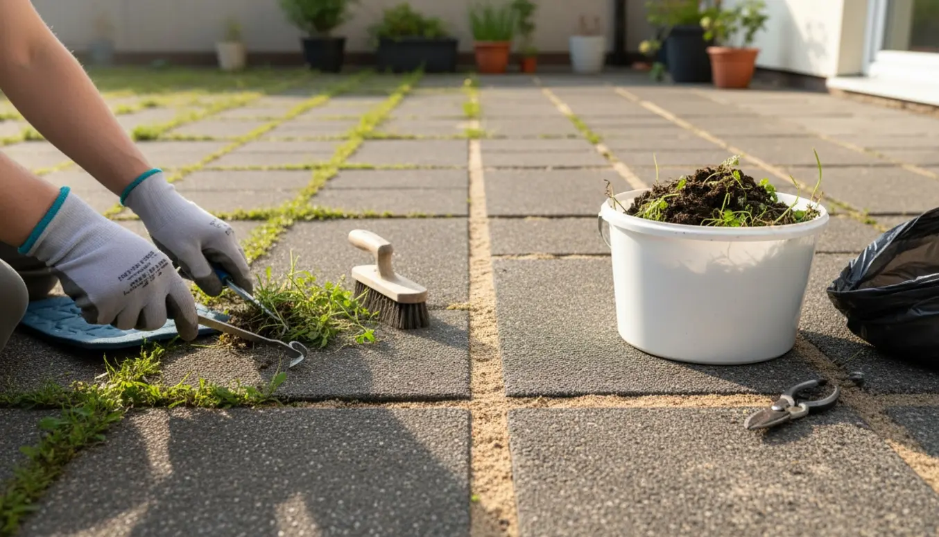 Hænder i handsker fjerner ukrudt fra fugerne mellem store kvadratiske fliser på en terrasse.