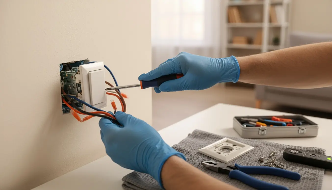 Nært billede af hænder, der udskifter en elektrisk kontakt på en væg med værktøj ved siden af.