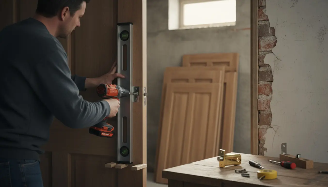En håndværker justerer en trædør i en dyb dørkarm med værktøj og reservedele i baggrunden.