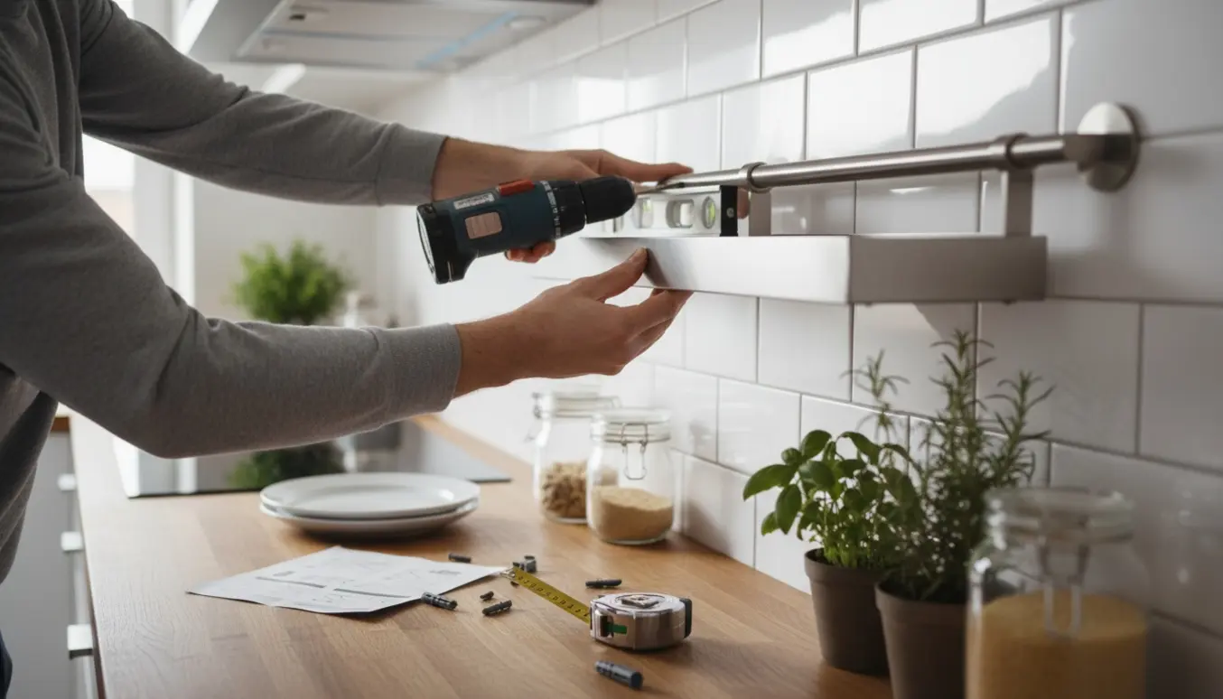 Hænder monterer en metalhylde i et køkken over en træbordplade med værktøj og krydderurter i baggrunden.