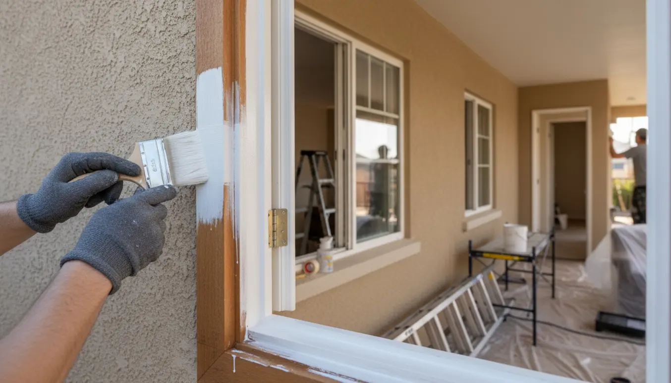 Nærbillede af hænder, der maler en udvendig trævinduesramme med kig ind til loftmaling indendørs.