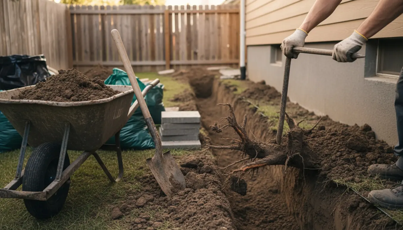 Nærbillede af gravning langs hus og hegn med eksponeret rod, skovl og trillebør fyldt med jord klar til bortskaffelse.