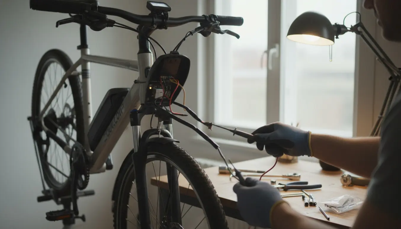 En tekniker arbejder på en elcykel med batteri og display delvist adskilt i et lyst værksted.