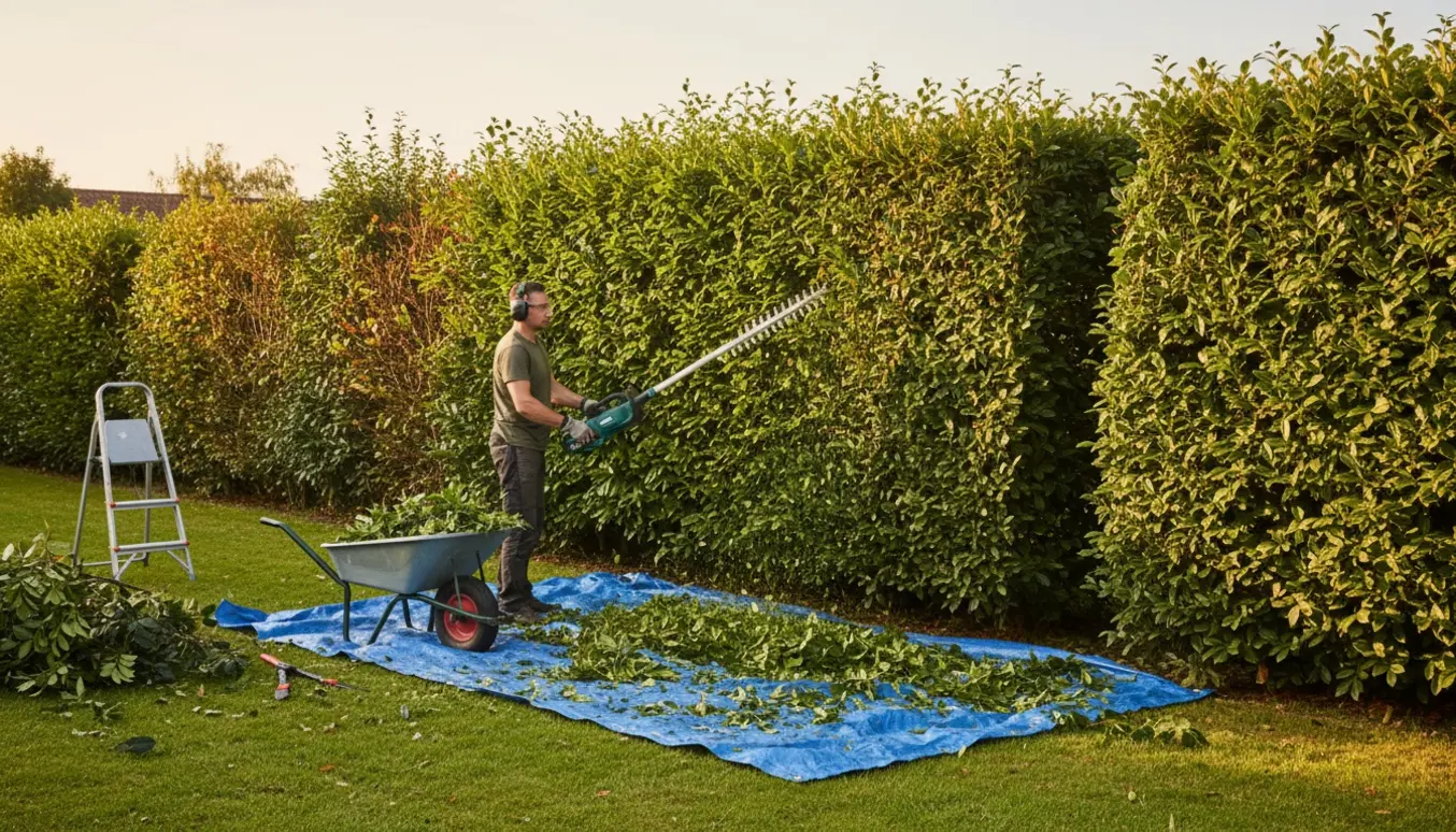Lang laurbærkirsebærhæk bliver trimmet med en forlænget hækkeklipper, afklip samlet i en trillebør.