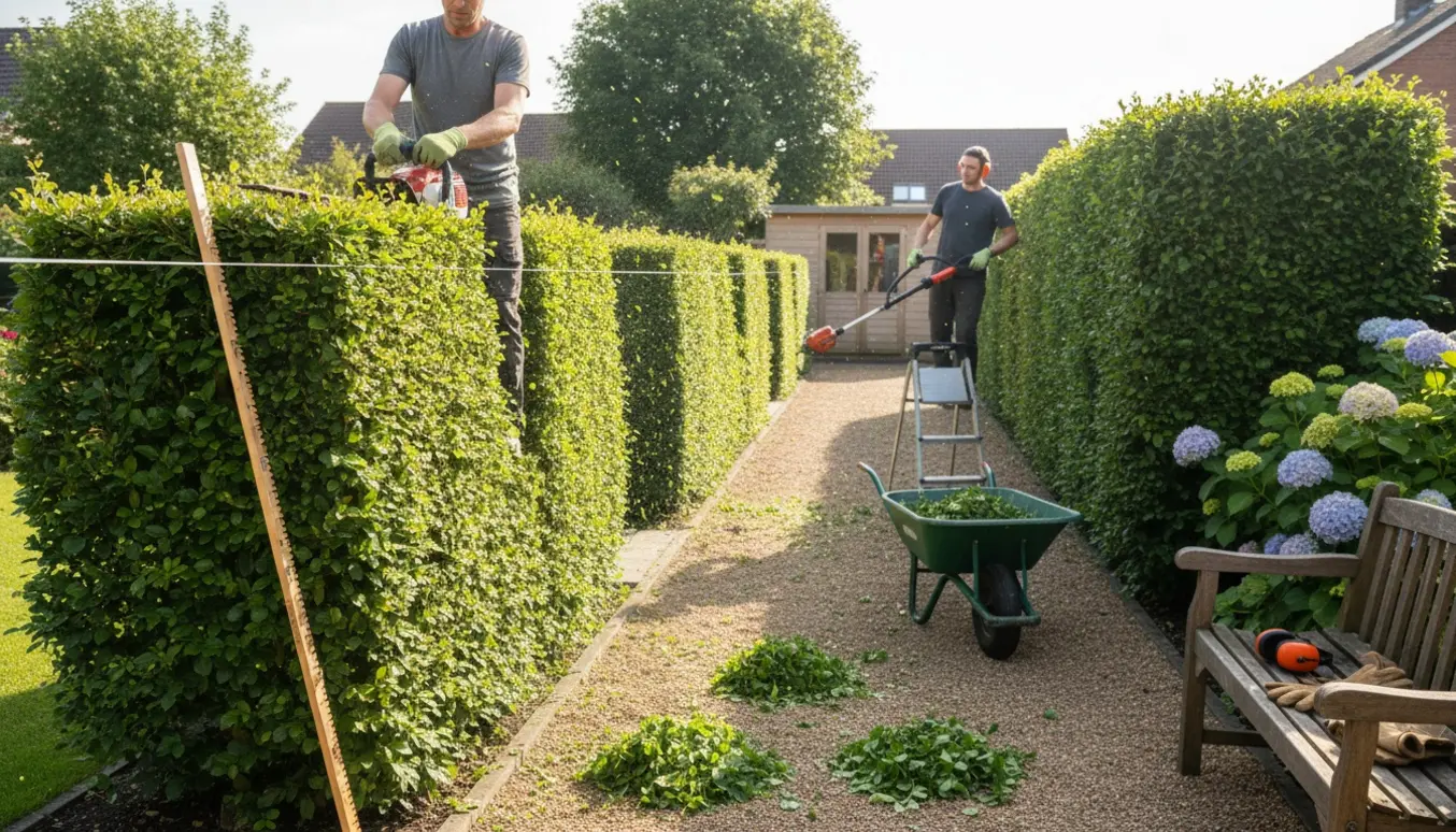 En havearbejder trimmer en lang bøgehæk, hvor en sektion allerede er skåret ned til ca. 140 cm.