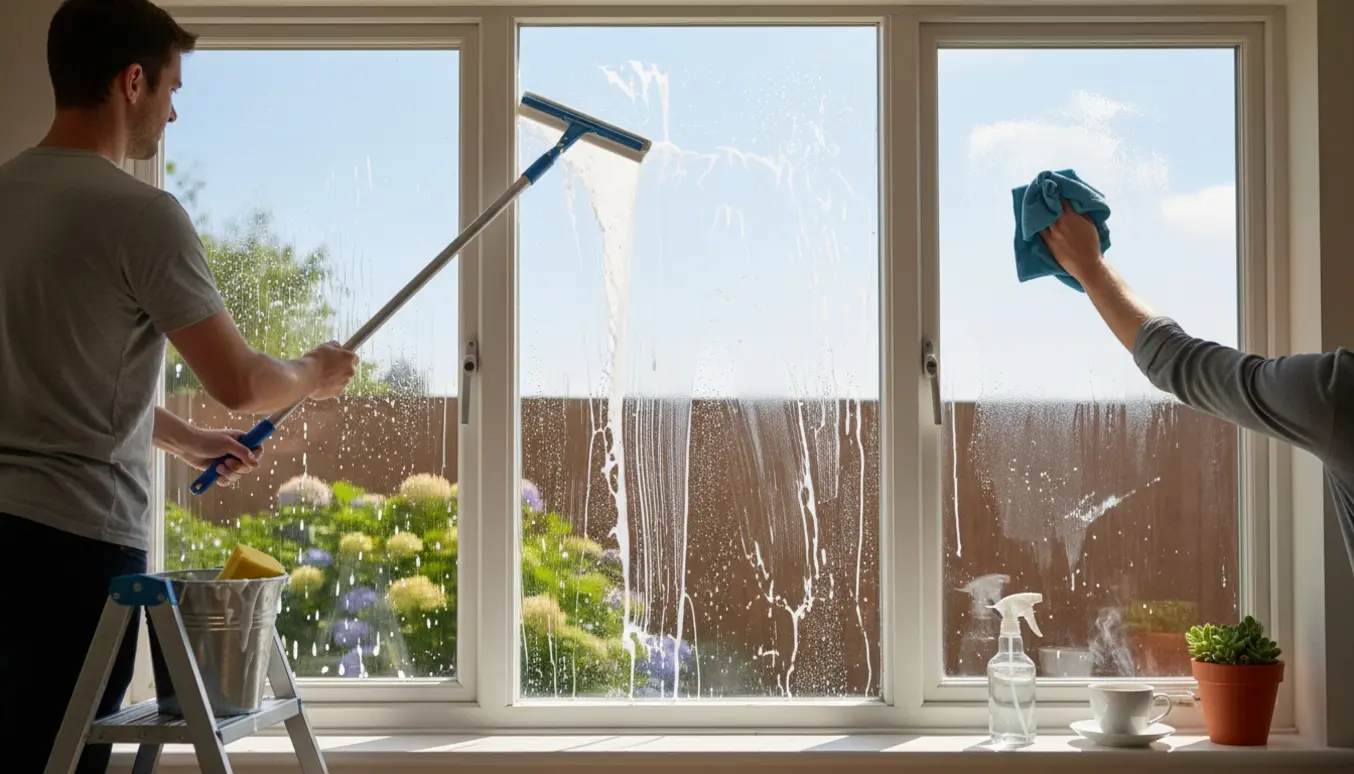 Udvendig pudsning fra en stige med forlængerskraber og indvendig aftørring med mikrofiber ved et tre-delt vinduesparti.