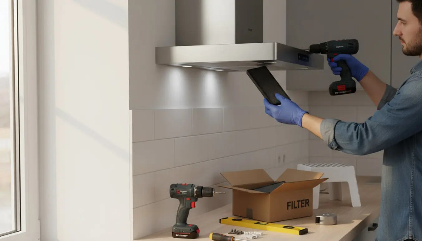 Væghængt rustfri emhætte monteres med kulfilter, hænder og værktøj i et moderne køkken.