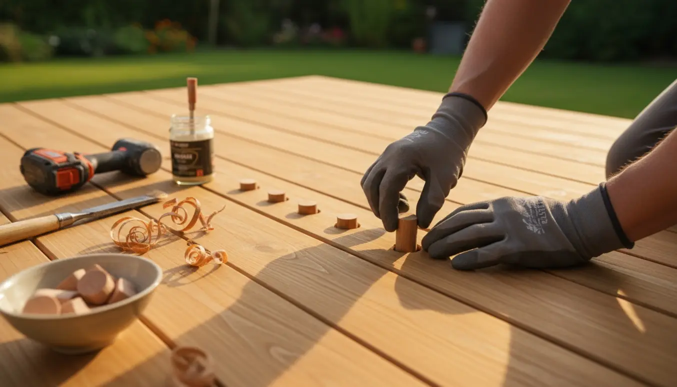 Nærbillede af hænder, der sætter træpropper i skruer på en ny terrasse.