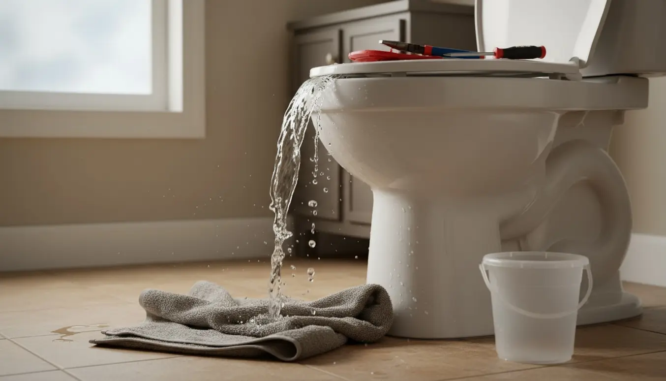 Åben toilettank med rindende vand og værktøj klar til reparation.