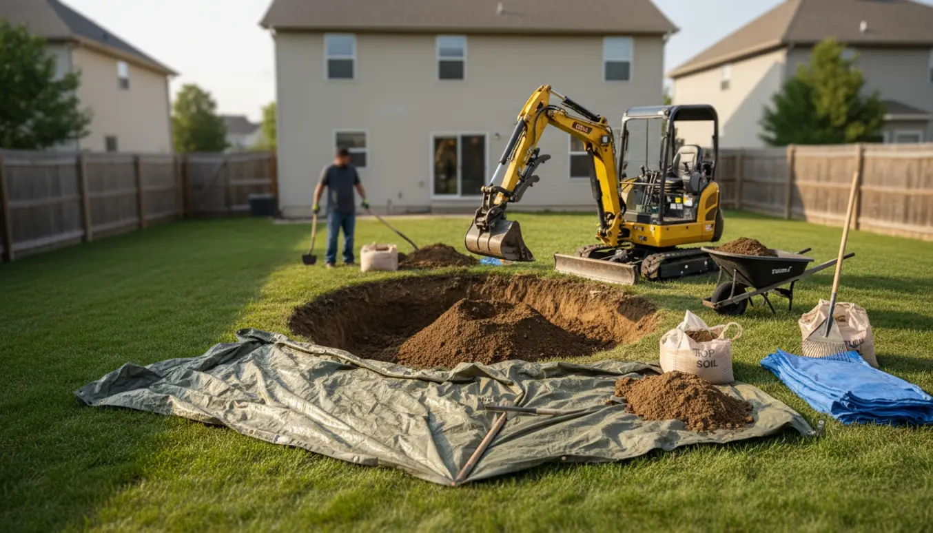 Mini gravemaskine fjerner jord fra en rund fordybning efter en nedgravet trampolin i en privat have.
