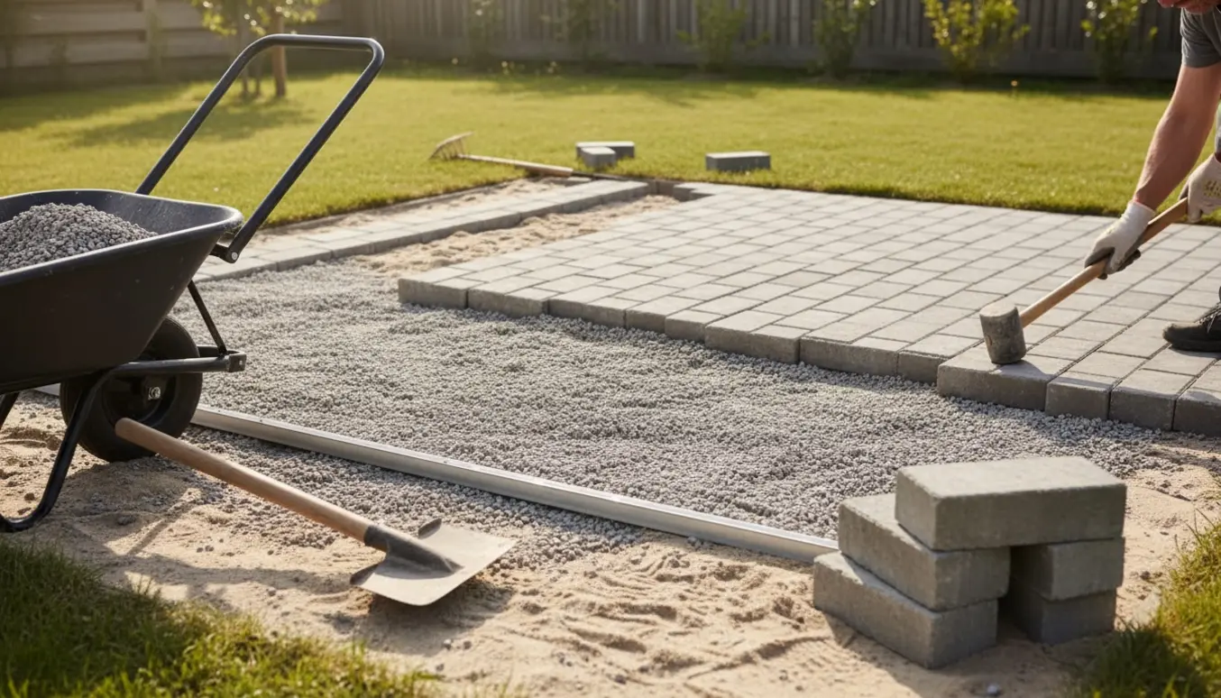 Havefliser lægges på stampet stabilgrus i en solbelyst baghave med pladevibrator og værktøj.