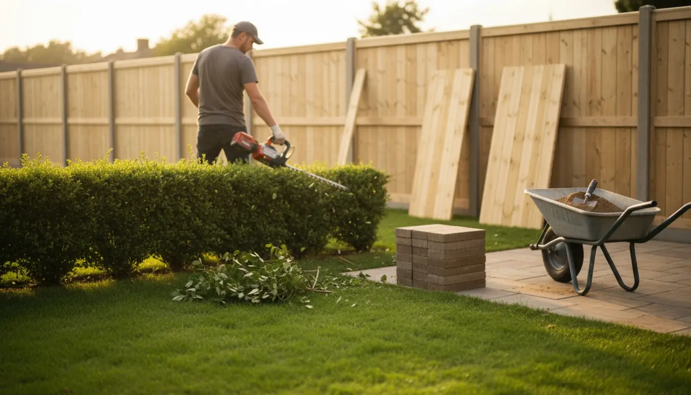 Person trimmer hæk i have ved siden af terrasseudvidelse med stabler af matchende fliser og nyt hegn.