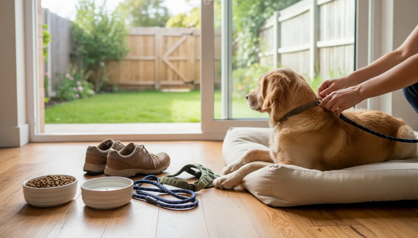 Hund i hjem med mad- og vandskåle, snor og lukket have, klar til døgnpasning.