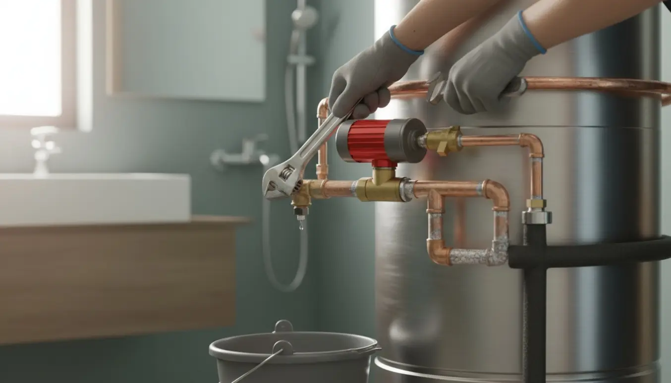 Varmtvandsbeholder og rør hvor en tekniker undersøger varmtvandsudløbet uden at vise ansigt.