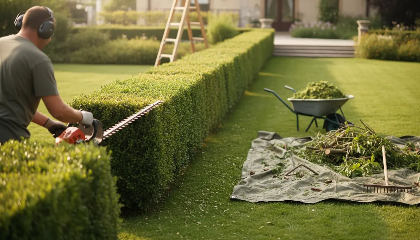 Person trimmer en lang hæk på en solrig dag med friske afklip og trillebør ved siden af.