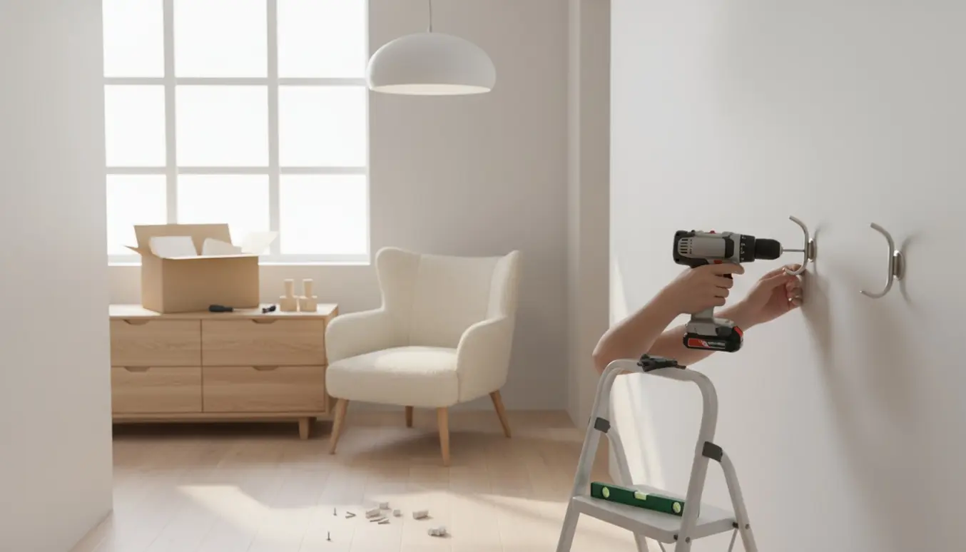 En hånd skruer en knage op i en lys gang, mens en samlet lænestol og kommode står i baggrunden.