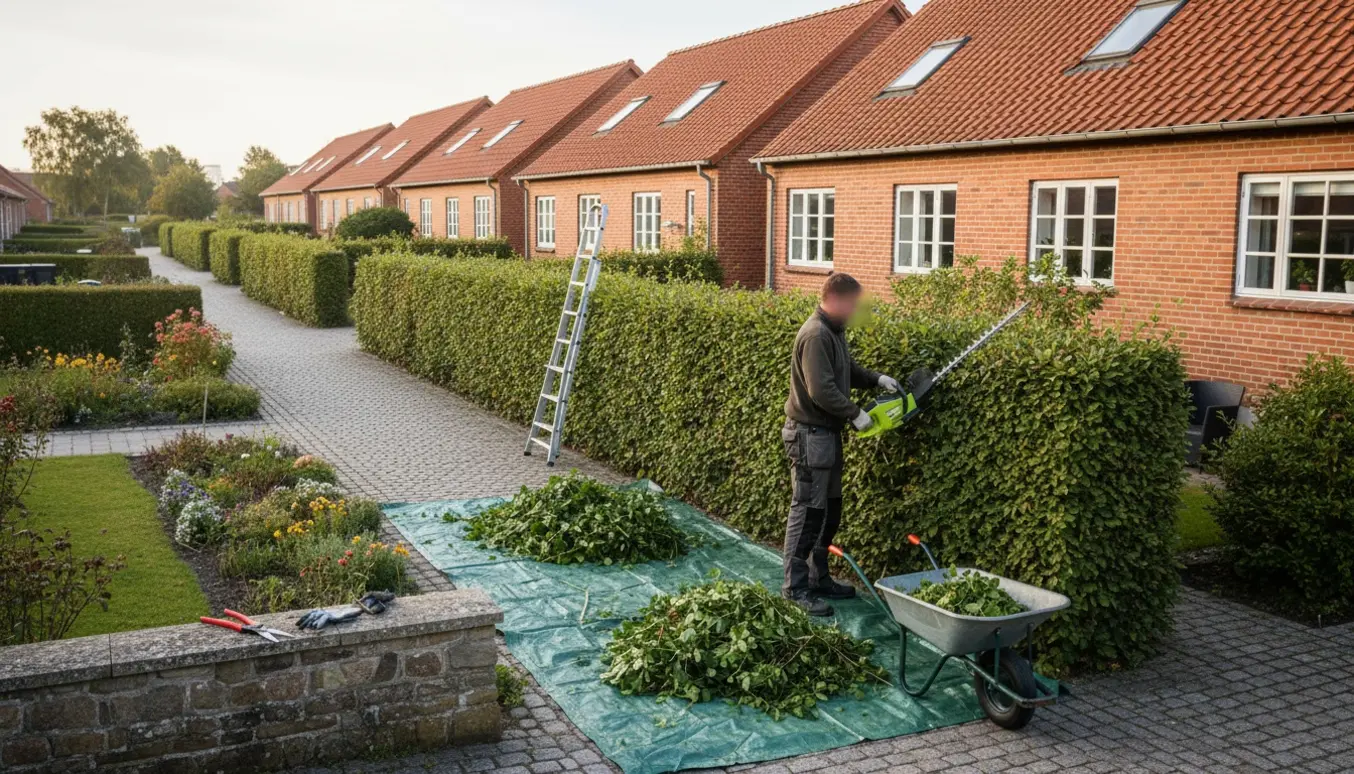 Person trimmer en lang hæk i Fredericia med elektrisk hækkeklipper og bunker af afklippede grene.
