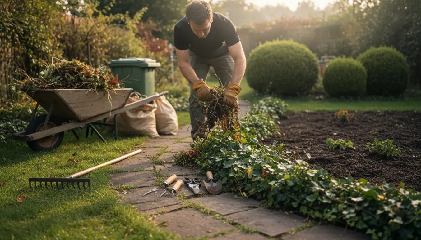 Hænder trækker ukrudt op i en lille tilgroet have med rive og trillebør i blødt morgenslys.