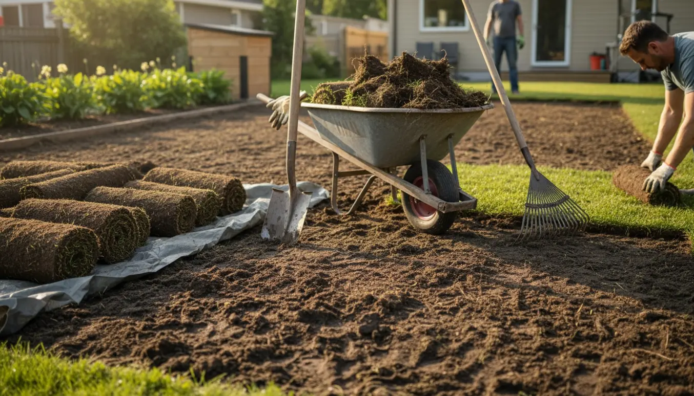 Have under rydning med nøgne jordflader, ruller af opgravet græs og haveredskaber.