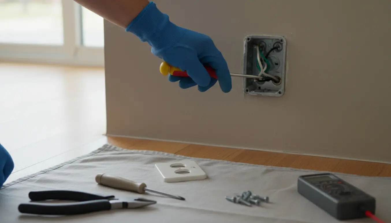Hænder i arbejdshandsker fjerner en stikkontakt fra en væg med en skruetrækker.