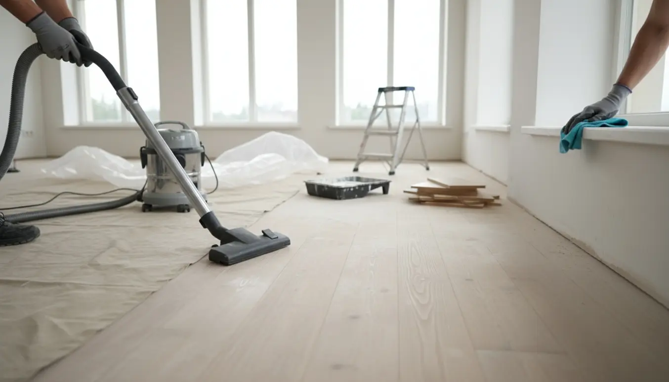 Rengøring af rum under renovering med støvsuger og aftørring af vindueskarm.