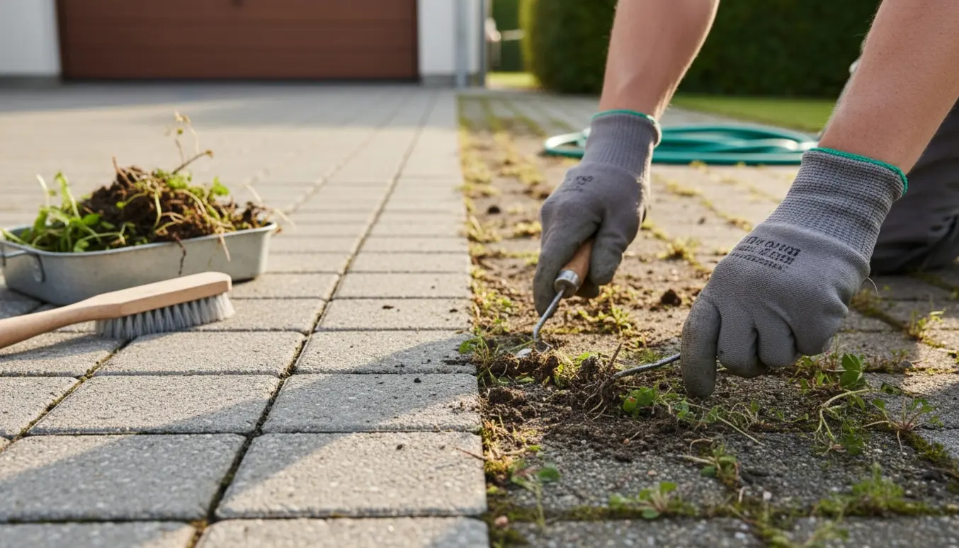 Hænder i havehandsker fjerner ukrudt mellem fliser i indkørsel med redskaber og en ryddet zone.