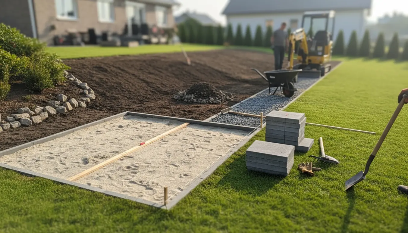 Fjernet buske i hjørnet af græsplænen, udjævnet jord og en 12 m² sandflade klar til fliselægning.