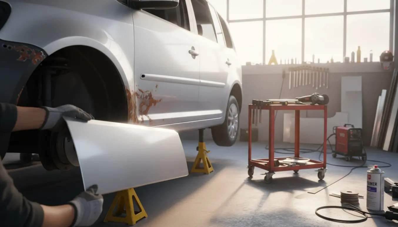 Nærbillede af udskiftning af rustne paneler på en sølv MPV i et solbelyst værksted.