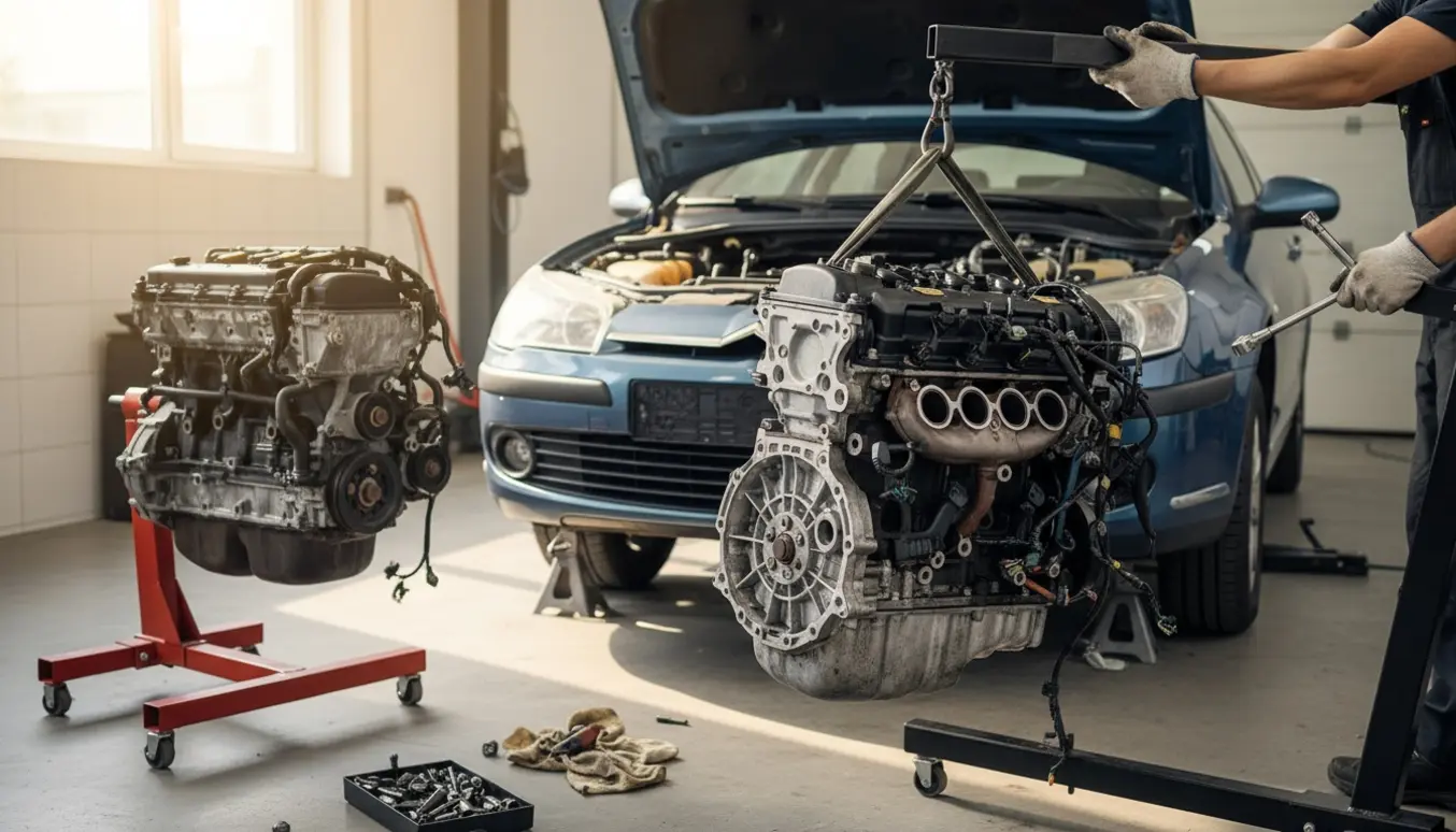 Mekaniker løfter en 1.8-motor ud af en Citroën C5 II i en lys garage, med en reservemotor på et motorophæng.