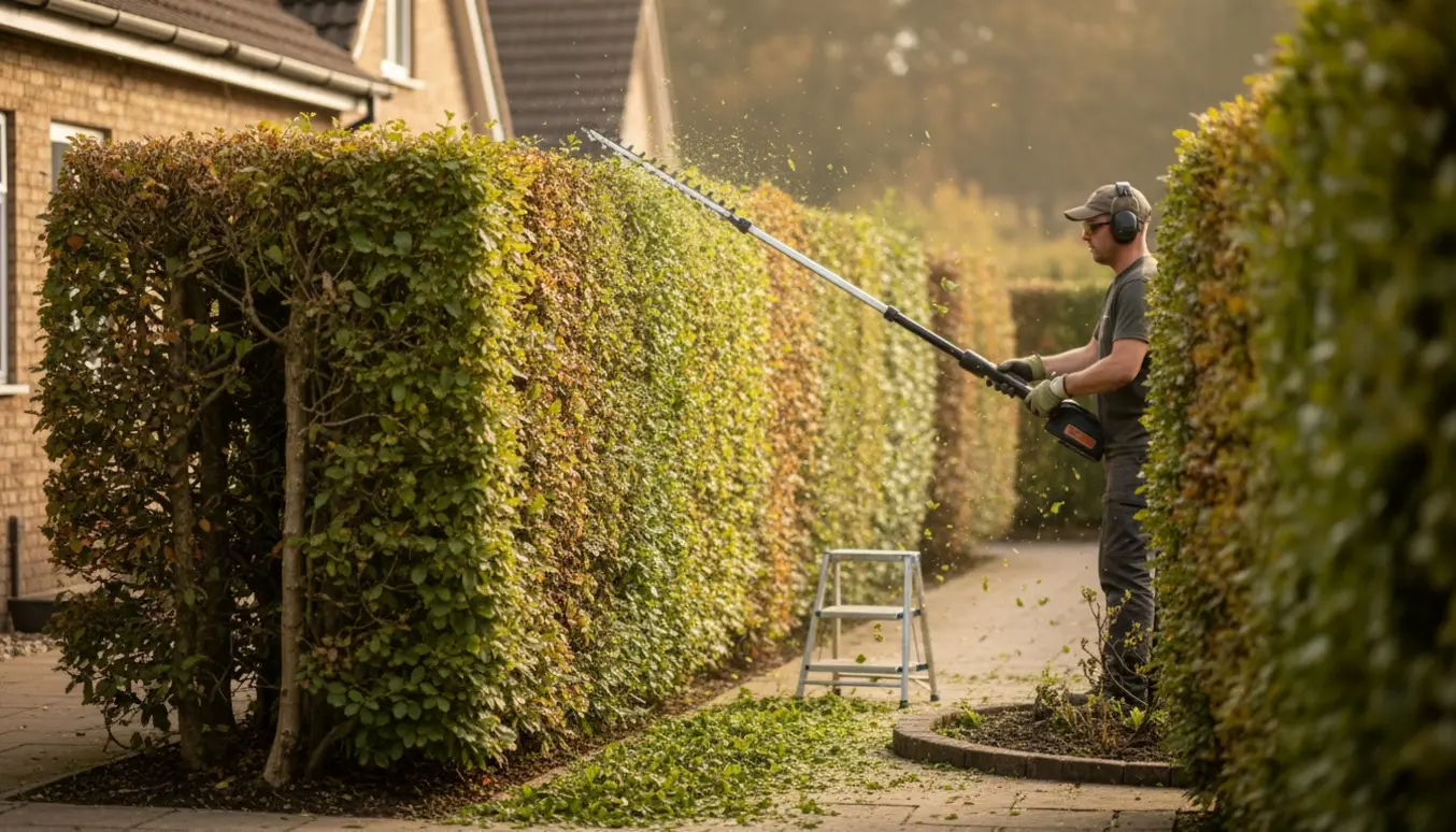 Person trimmer ydersiden af en 5 meter bøgehæk langs en sti ved et rækkehus.