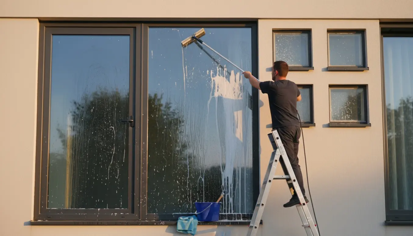 Udvendig vinduespudsning af tre vinduer, en altandør og fire små vinduer med stige, teleskopstang og spand.