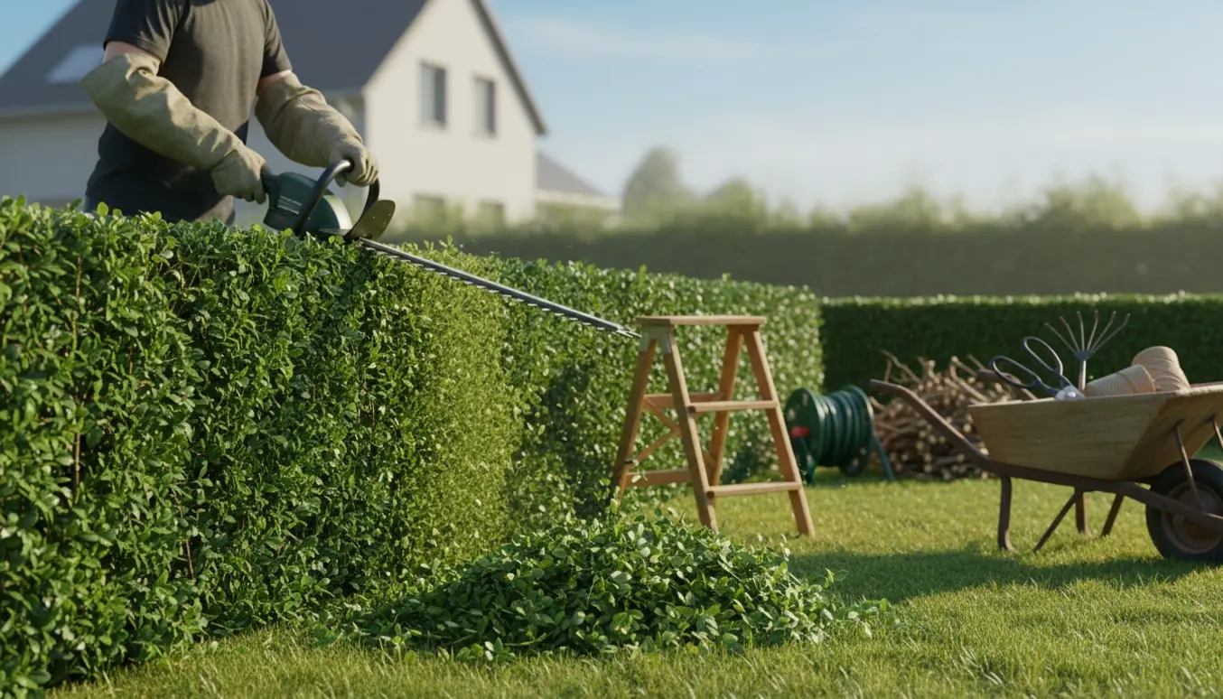En havearbejder beskærer en tæt hæk med en elektrisk hækkeklipper, friske afklip ligger i en trillebør.