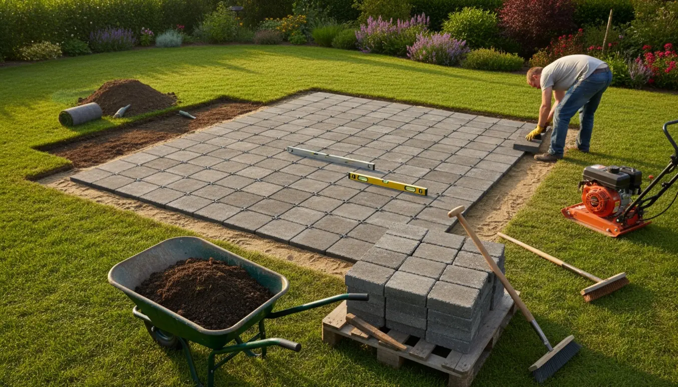 Haveprojekt med firkantede fliser klar til lægning, værktøj og jord samlet ved en ryddet græsplæne.
