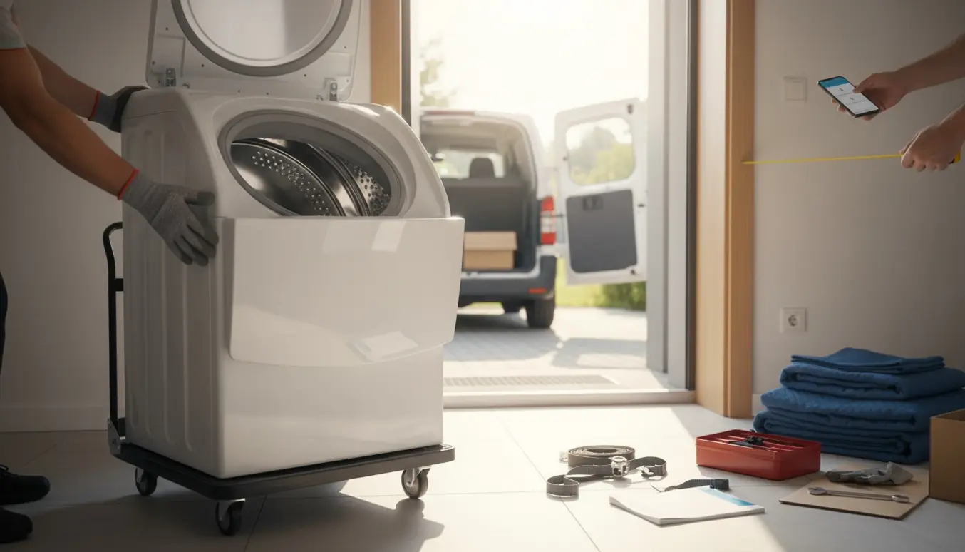 Topbetjent vaskemaskine leveres og inspiceres i en lys lejlighedsentré med flytteudstyr omkring den.