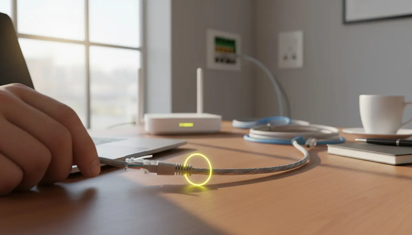 Nærbillede af Ethernet-kabel i en bærbar med en blinkende gul netværksindikator, der viser ustabil internetforbindelse.