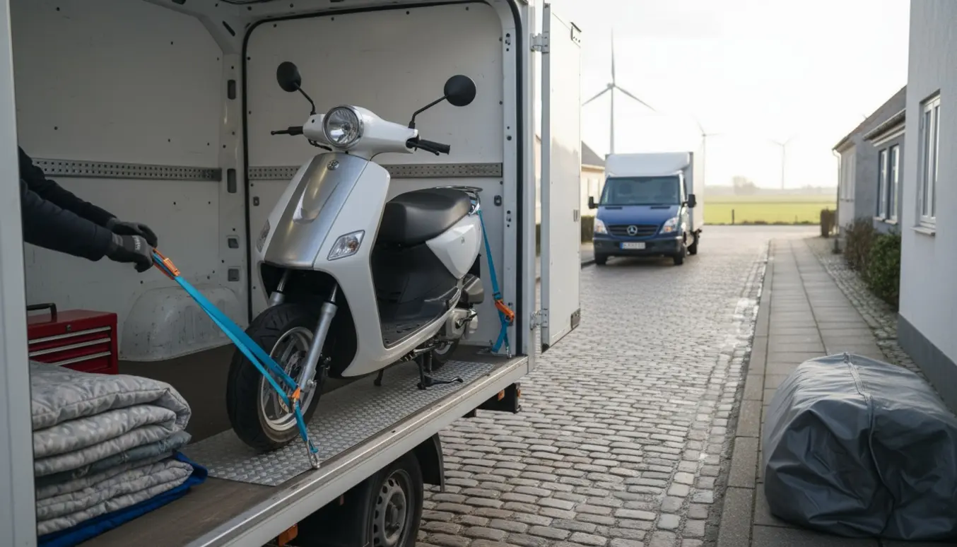 En scooter bliver sikret på en varebil med rampe og spændebånd klar til fragt.