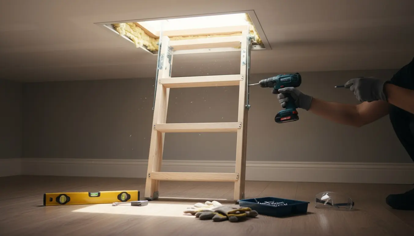 Tredelt loftstige bliver monteret i en åben loftlem, hænder bruger boremaskine og monteringsbeslag.