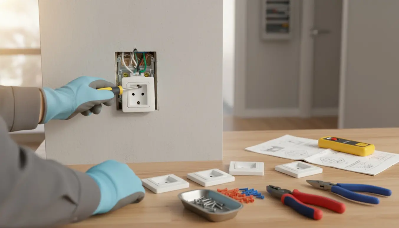Hænder udskifter en stikkontakt med værktøj og nye afbrydere klar ved siden af.