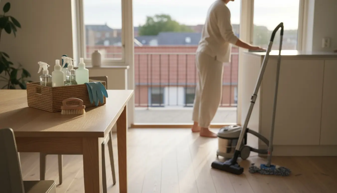 Solbelyst skandinavisk lejlighed med rengøringsudstyr på bordet og en person, der tørrer af på køkkenbordet.