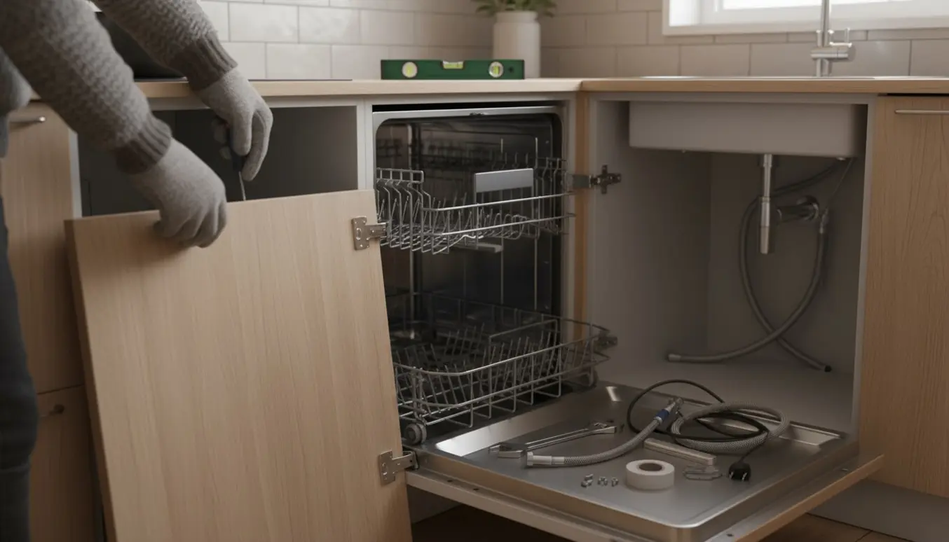 Integrerbar opvaskemaskine installeres i et moderne køkken, mens hænder tilslutter slanger og monterer beslag.