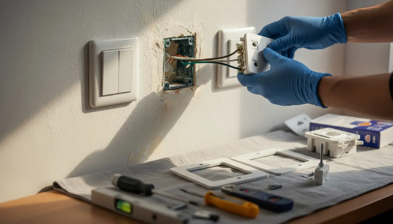 Håndværker monterer en dobbeltstikkontakt ved siden af en eksisterende afbryder med værktøj og indmuringsdåse.