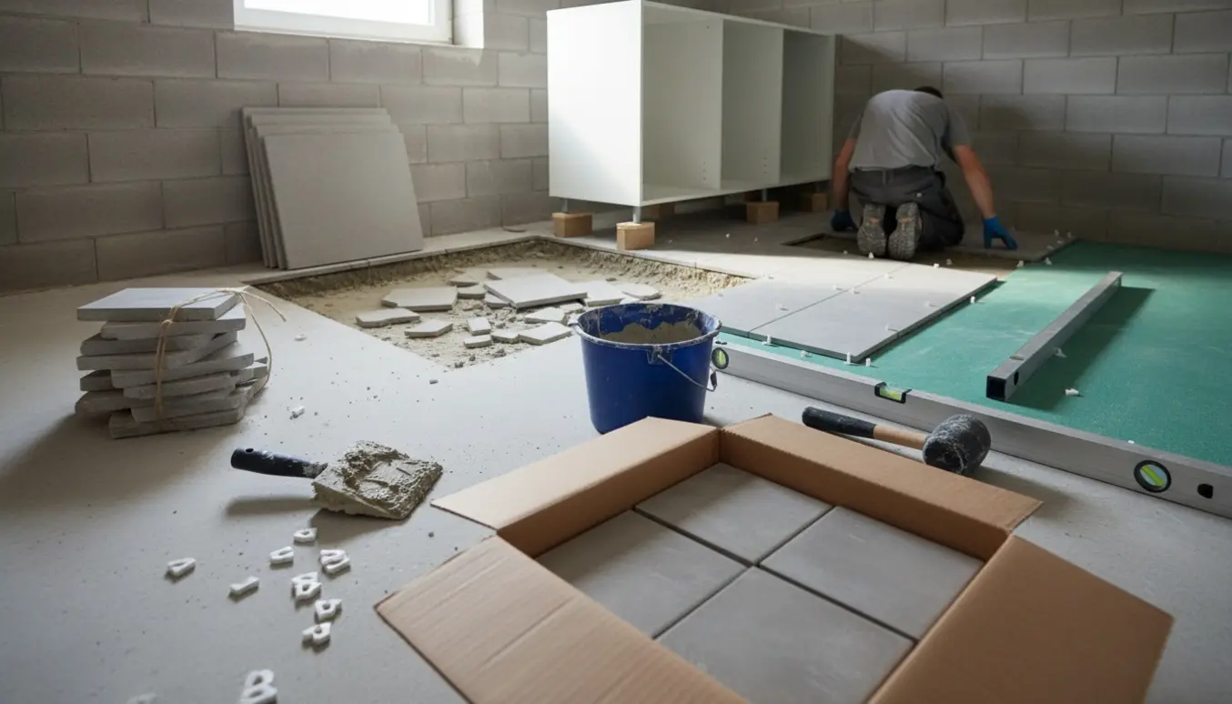 Kælderrum under forberedelse med fjernede gasbetonplader, opstyltet IKEA-skab, fliser og værktøj klar til lægning.