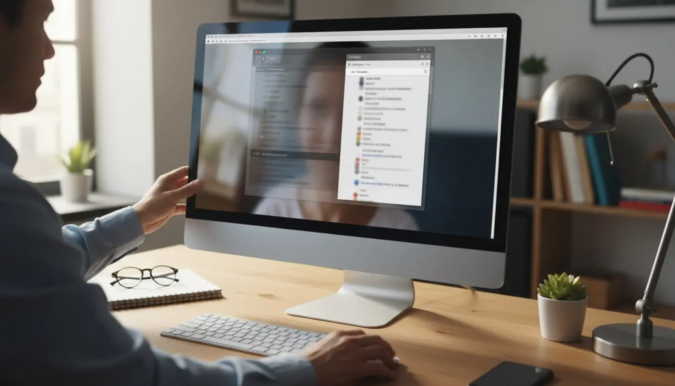 Hænder ved tastatur og mus foran en computerskærm med forstørrede, slørede brugerfladeelementer under opsætning.